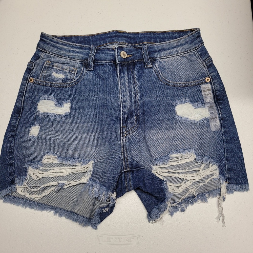 Denim High Waisted Distressed Ripped Raw Hem Shorts Size 29W 8 Blue